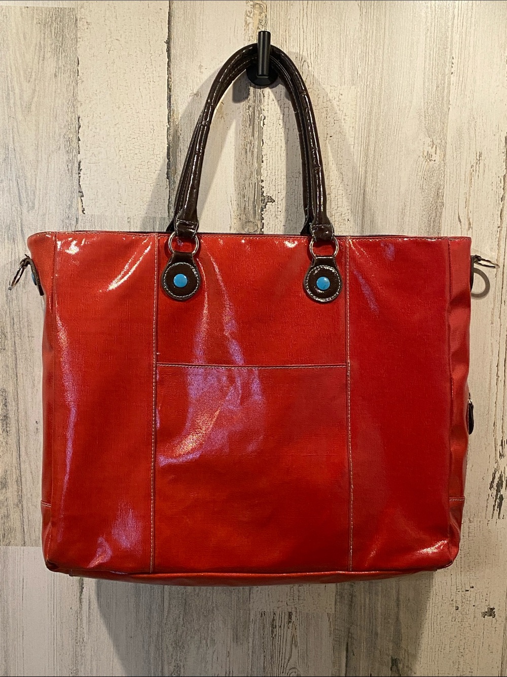 Urban Junket Classic Red Patent Tote with Dark Brown Handles